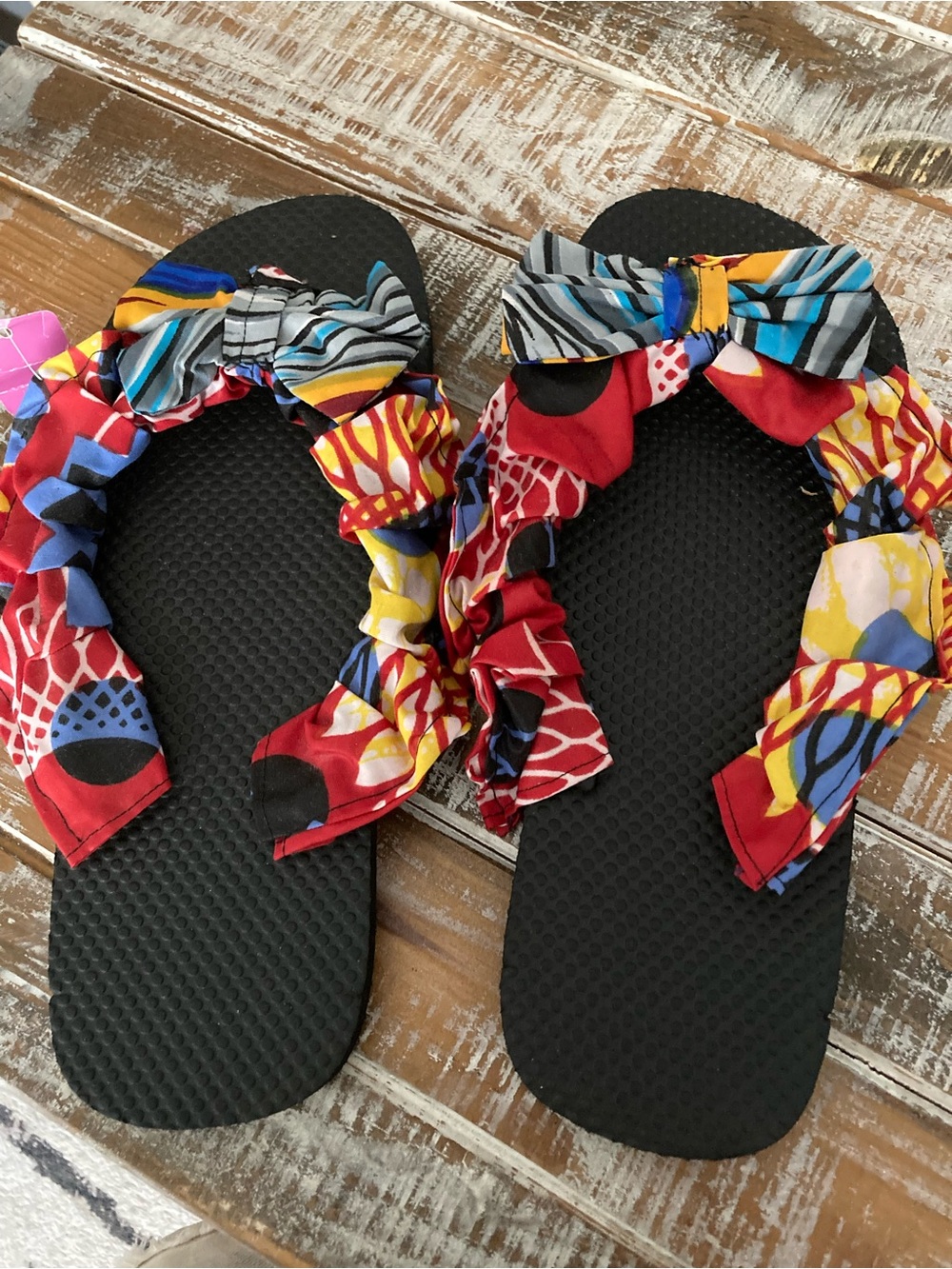 Women’s Black Flip Flop Sandals with Multicolor ANKARA print Bow Straps